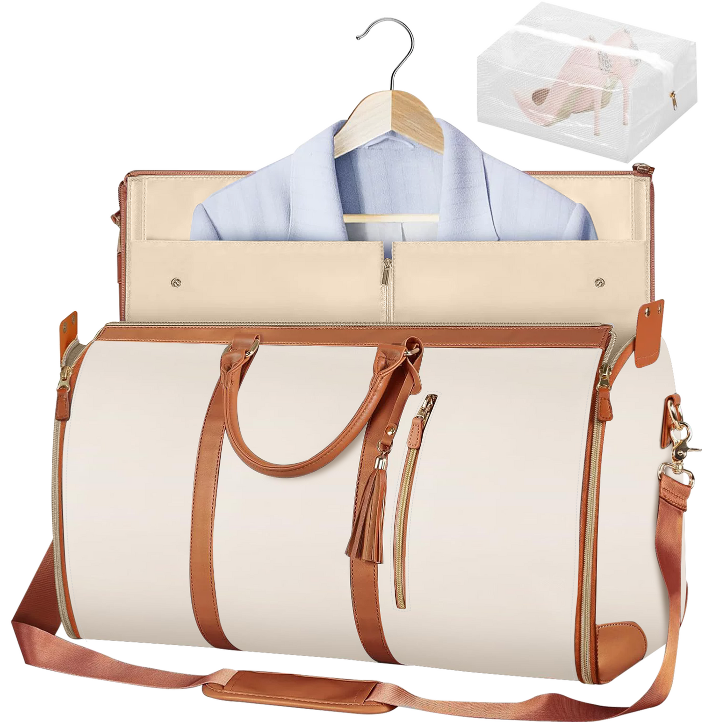 CSD02LGDB0000BGConvertible Garment Bag for Travel - Carry On Garment Bags With Shoes Bag, Foldable Large Weekender Bag for Men Women 2 in 1 Hanging Suitcase Suit Duffel Overnight Bags 2pcs Set, Off-White