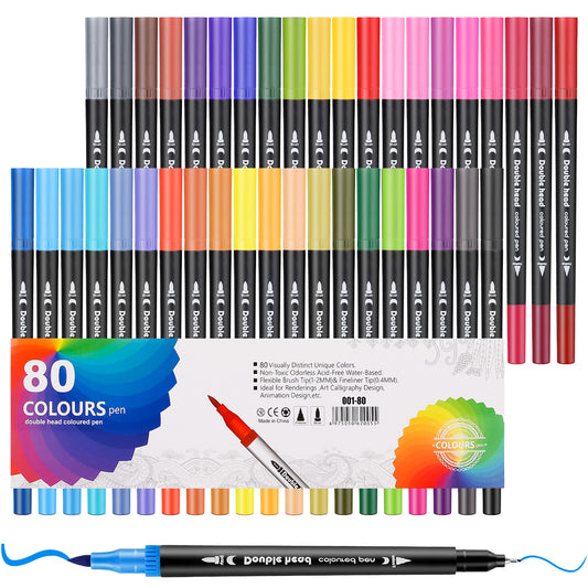 CSD01DBPA0000BK 80 Colors Acrylic Paint Pens, Dual Tip Acrylic Paint Markers, Fine Tip and Brush Tip Fabric Markers for Textile, Canvas, Rock, Glass, Wood, Paper, DIY Paint Markers for Kids and Adults
