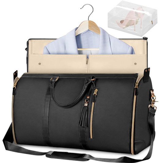 CSD02LGDB0000BKConvertible Garment Bag for Travel - Carry On Garment Bags With Shoes Bag, Foldable Large Weekender Bag for Men Women 2 in 1 Hanging Suitcase Suit Duffel Overnight Bags 2pcs Set, Black