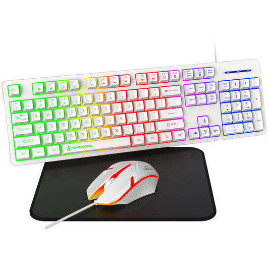 CSD02WGKBD600WHKeyboard and Mouse Combo, 104 Keys Wired gaming keyboard and mouse with Mouse Pad, Value RGB Backlit Keyboard Combo Set, Multimedia PC Gaming Keyboard, Office Keyboard for Gaming and Work, White