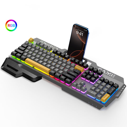 CSD01WGKBGK50GY 104 Keys RGB Light up Gaming Keyboard, All-Metal Panel & IPX3 Waterproof with Detachable Wrist Rest - USB Wired Computer Keyboard for Windows PC Gamer, Black & Gray