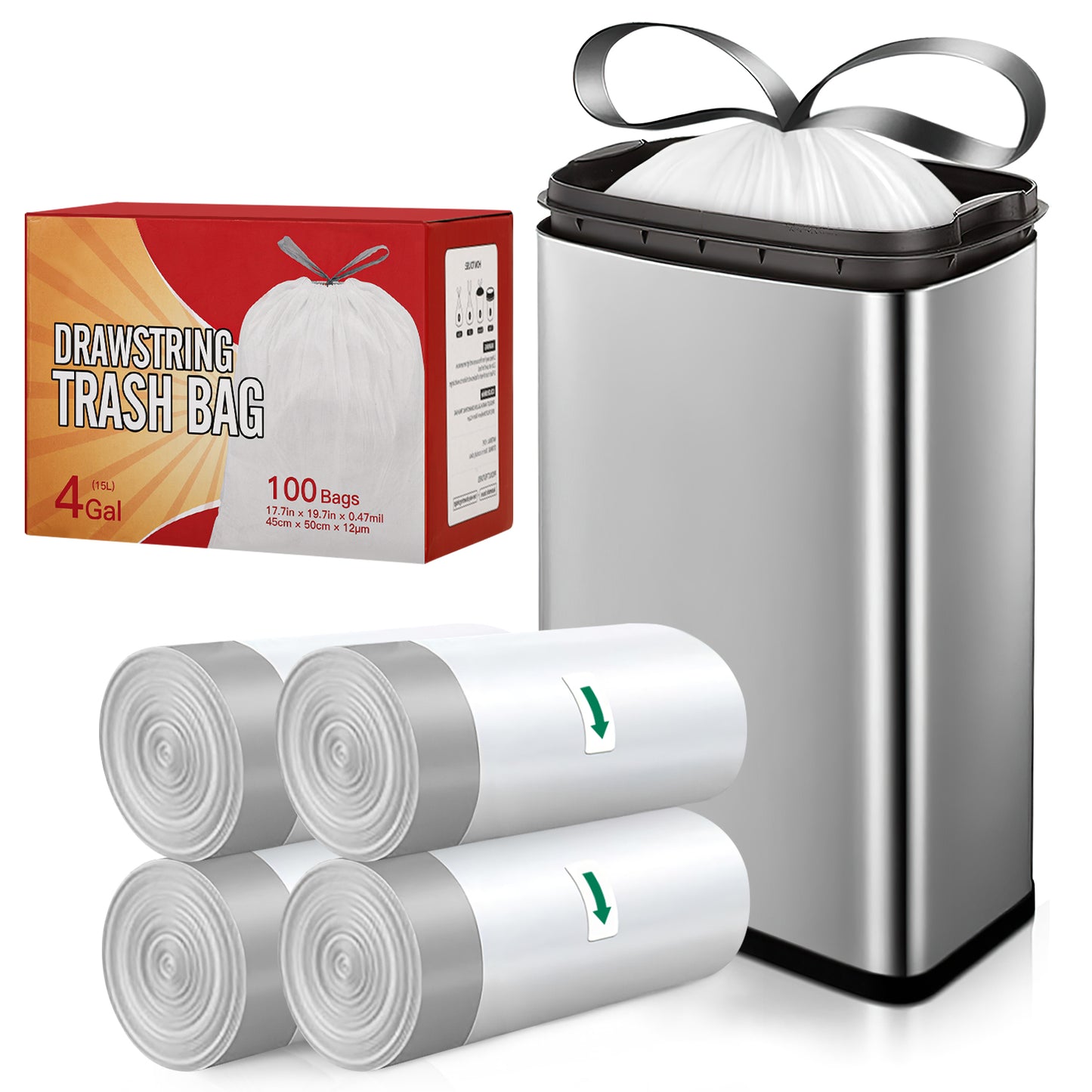 CSD01DWTR0001WH  4 Gallon Drawstring Trash Bags, Small Garbage Bags 100 Pack, Tear-Free & Odorless, White Unscented White Liners for Bathroom, Bedroom, Office & Car, 10-15 L Capacity