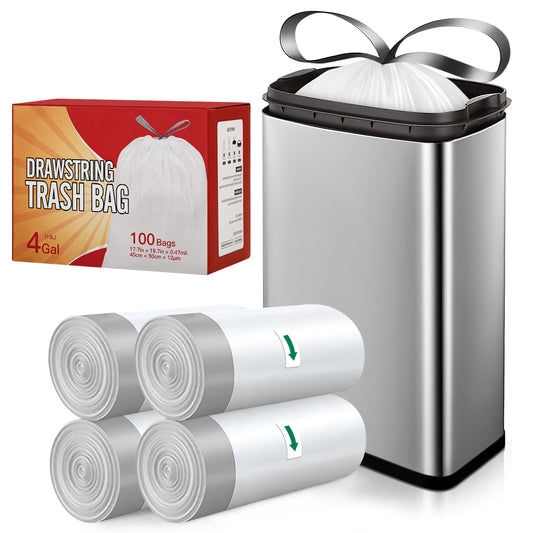 CSD01DWTR0001WH  4 Gallon Drawstring Trash Bags, Small Garbage Bags 100 Pack, Tear-Free & Odorless, White Unscented White Liners for Bathroom, Bedroom, Office & Car, 10-15 L Capacity