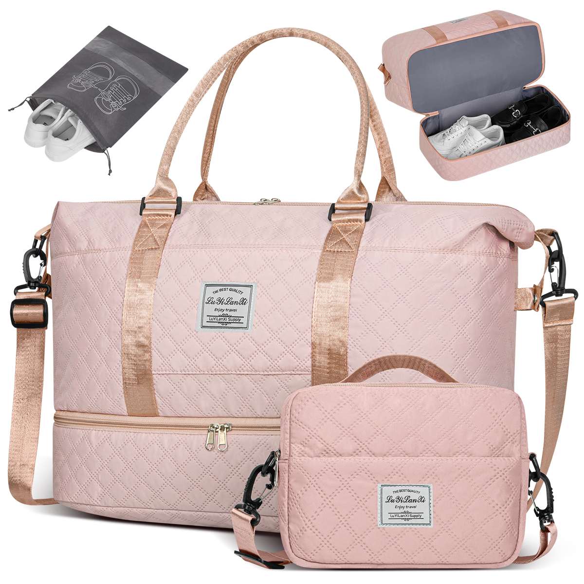 CSD02TDWB000PNKTravel Bag with Shoes Compartment, 40L Weekender Overnight Duffel Bag with Toiletry Bag and Shoes Bag, Gym Bag for Women with Wet Pocket, Personal Carry On Bag for Women, Travel, Gym, Weekend, Pink