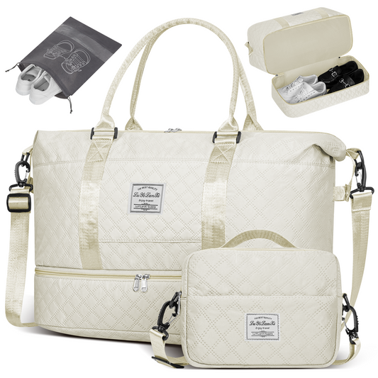 CSD02TDWB0000WHTravel Bag with Shoes Compartment, 40L Weekender Overnight Duffel Bag with Toiletry Bag and Shoes Bag, Gym Bag for Women with Wet Pocket, Personal Carry On Bag for Women, Travel, Gym, Weekend, White