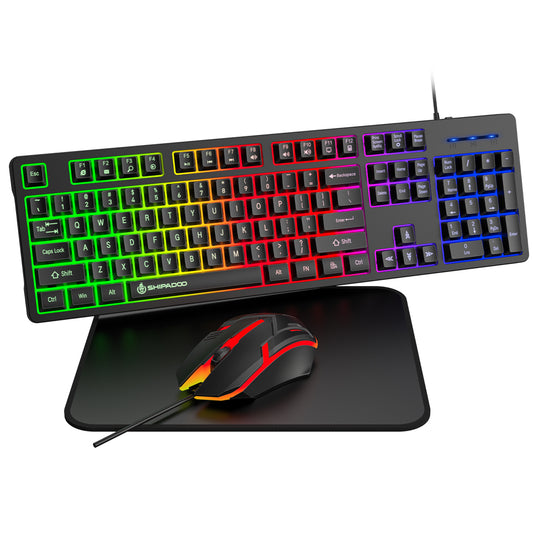 CSD02WGKBD600BKKeyboard and Mouse Combo, 104 Keys Wired gaming keyboard and mouse with Mouse Pad, Value RGB Backlit Keyboard Combo Set, Multimedia PC Gaming Keyboard, Office Keyboard for Gaming and Work, Black