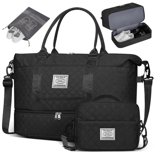 CSD02TDWB0000BK Travel Bag with Shoes Compartment, 40L Weekender Overnight Duffel Bag with Toiletry Bag and Shoes Bag, Gym Bag for Women with Wet Pocket, Personal Carry On Bag for Women, Travel, Gym, Weekend, Black