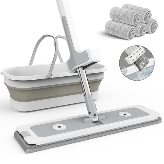 CSD02MPAB0000WT Flat Mop and Bucket with Self Wringer Set, Hand Free Mops and Foldable Bucket with Wheels and 5 Washable Microfiber Mop Pads, Wet and Dry Use, Floor Cleaning System All Floor Types and Windows