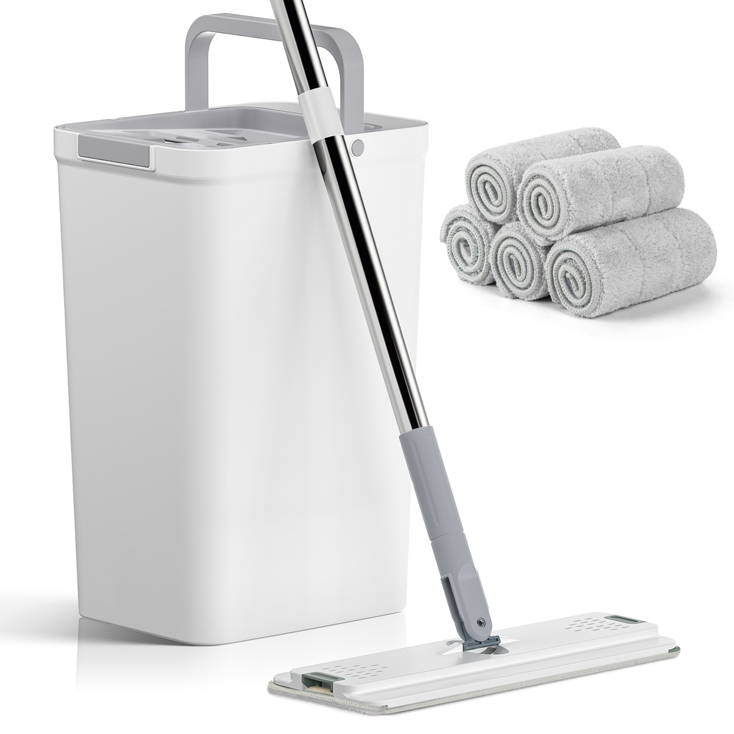 CSD02WPWB0000WT  Cshidworld Mop and Bucket Set, Hands Free Flat Floor Mop and Bucket with Wringer, 5 Washable Microfiber Pads Included, Wet and Dry Use, Floor Cleaning System for All Floor Types and Windows