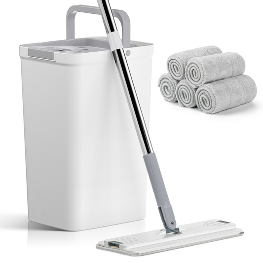 CSD02WPWB0000WT  Cshidworld Mop and Bucket Set, Hands Free Flat Floor Mop and Bucket with Wringer, 5 Washable Microfiber Pads Included, Wet and Dry Use, Floor Cleaning System for All Floor Types and Windows