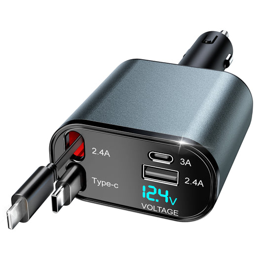 CSD02RTCC0000SQ   4 in 1 Retractable Car Charger, 66W Fast Car Phone Charger with Retractable Cables and 2 USB Port, Car Charger Adapter Compatible with iPhone 16/15/14/13/12/11,Galaxy,Pixel