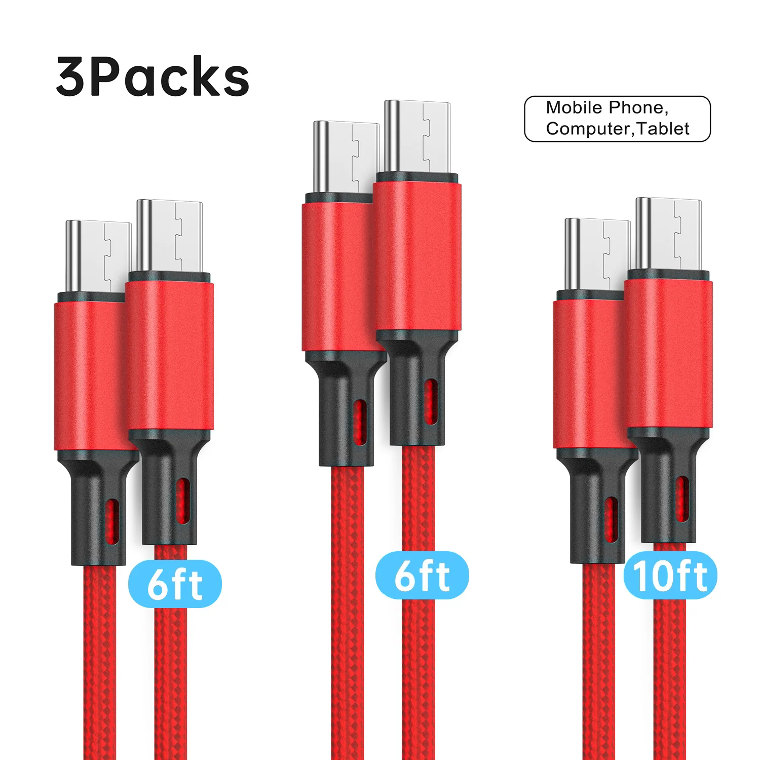Type-C Charging Cable, 3 count per pack [6+6+10] Type C to Type C Char ...