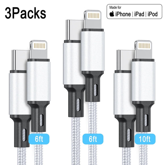 CSD03LTC00000SR USB C To Lightning Cable [MFi Certified] 3Pack 6/6/10FT iPhone Fast Charger Cable Power Delivery Type C Charging Cord Compatible with iPhone 14/13/13 Pro Max/12/12 Pro Max/11/xs/xr/x/8/iPad, Silver