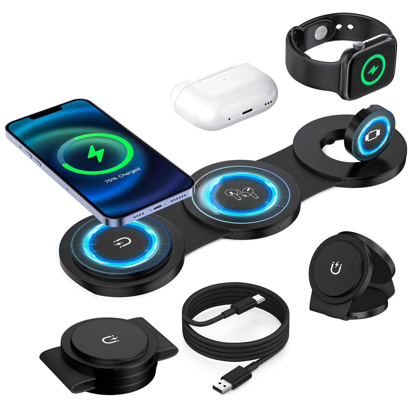 CSD02WLCGX546BL Magnetic Wireless Charger, 3 in 1 Charging Station for Apple Devices, 18W Foldable Mag-Safe Charger Stand for iPhone 15 14 13 12 Pro/Pro Max/Plus, AirPods 2/3/Pro, iWatch Ultra/9/8/7/SE/6/5/4/3, Black