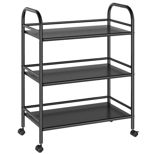 CSD54HDRC0000BK 3-Tier Metal Rolling Cart, Heavy Duty Multifunctional Metal Frame with 2 Lockable Wheels, Shelving Unit Storage Rack Kitchen Cart Island with Shelves for Home Office Kitchen Bathroom Bedroom, Black