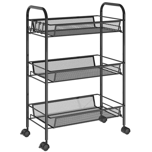 CSD50RSUC0000BK 3-Tier Metal Slim Rolling Storage Cart, Bathroom Storage Organizer Rolling Utility/ Mobile Shelving Unit Slide Out Mesh Storage Cart for Office, Bathroom, Kitchen, Laundry Room & Narrow Places