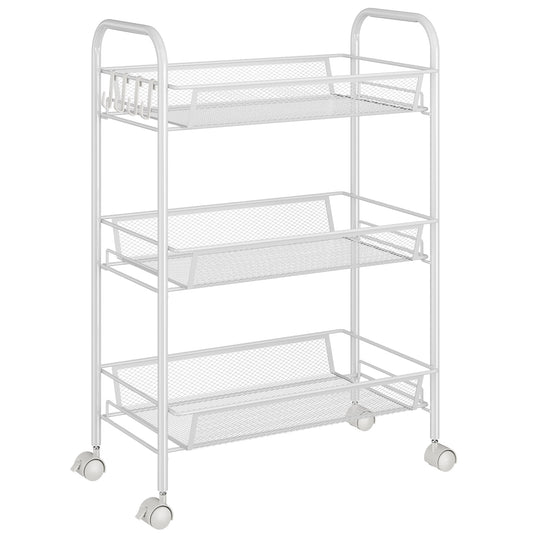 CSD50RSUC0000WH 3-Tier Metal Slim Rolling Storage Cart, Bathroom Storage Organizer Rolling Utility/ Mobile Shelving Unit Slide Out Mesh Storage Cart for Office, Bathroom, Kitchen, Laundry Room & Narrow Places, White