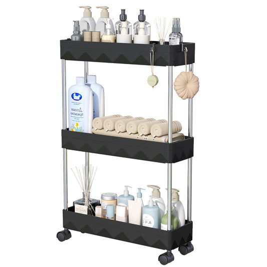 CSD02SRSC0000BK03  3 Tier Slim Rolling Storage Cart, Slim Cart Bathroom Storage Organizer Rolling Utility/ Mobile Shelving Unit Slide Out Storage Cart for Office, Bathroom, Kitchen, Laundry Room & Narrow Places, Black