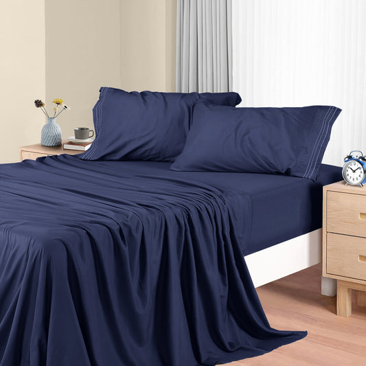 Twin Size Sheets Set, 4 pcs Cooling Bed Sheets, Extra Soft 100% Microfiber Hotel Luxury Fitted Sheet & Pillowcases, Hypoallergenic and Noiseless, Deep Pocket up to 16\", Navy Blue