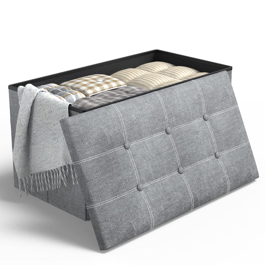 CSD01SROM0030GY  30" Storage Ottoman, Linen Fabric Footrest Stool, 80L Storage Bench, Foldable Ottomans Foot Rest, Footstool Bench for Living Room Bedroom Entryway Stool Gray 30*15*15in