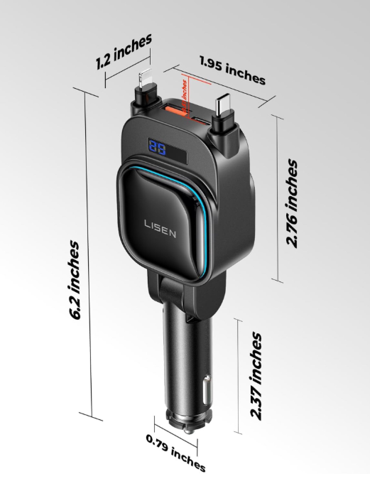 CSD02RTCCSC07BL  96W Retractable Car Charger, 4 in 1 Car Charger Adapter with USB-A USB-C Port & 2 Retractable Cables, Car Accessories Adapter for SUV, RV, Truck, iPhone 16e/16/15/14/12,Galaxy,Pixel
