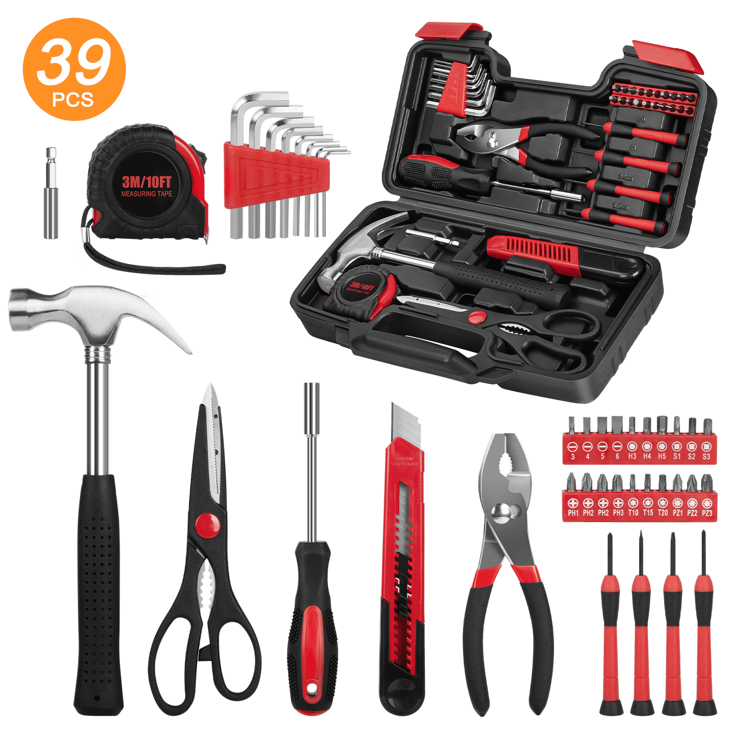 CSD45HHTS0000RE39pcs 39-Piece Tool Set General Household Hand Kit with Plastic Toolbox Storage Case, Small Basic Home Tool Kit for Girls Ladies and Women - Includes All Essential Tools for Home Garage and Office, Red