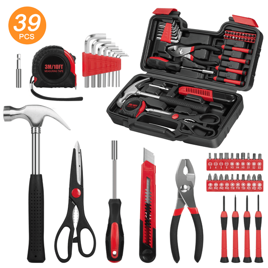 CSD45HHTS0000RE39pcs 39-Piece Tool Set General Household Hand Kit with Plastic Toolbox Storage Case, Small Basic Home Tool Kit for Girls Ladies and Women - Includes All Essential Tools for Home Garage and Office, Red