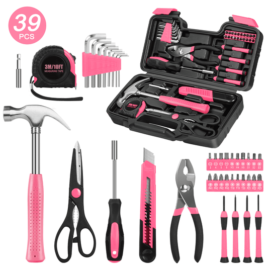 CSD44HHTS0000PK39pcs 39-Piece Tool Set General Household Hand Kit with Plastic Toolbox Storage Case, Small Basic Home Tool Kit for Girls Ladies and Women - Includes All Essential Tools for Home Garage and Office, Pink