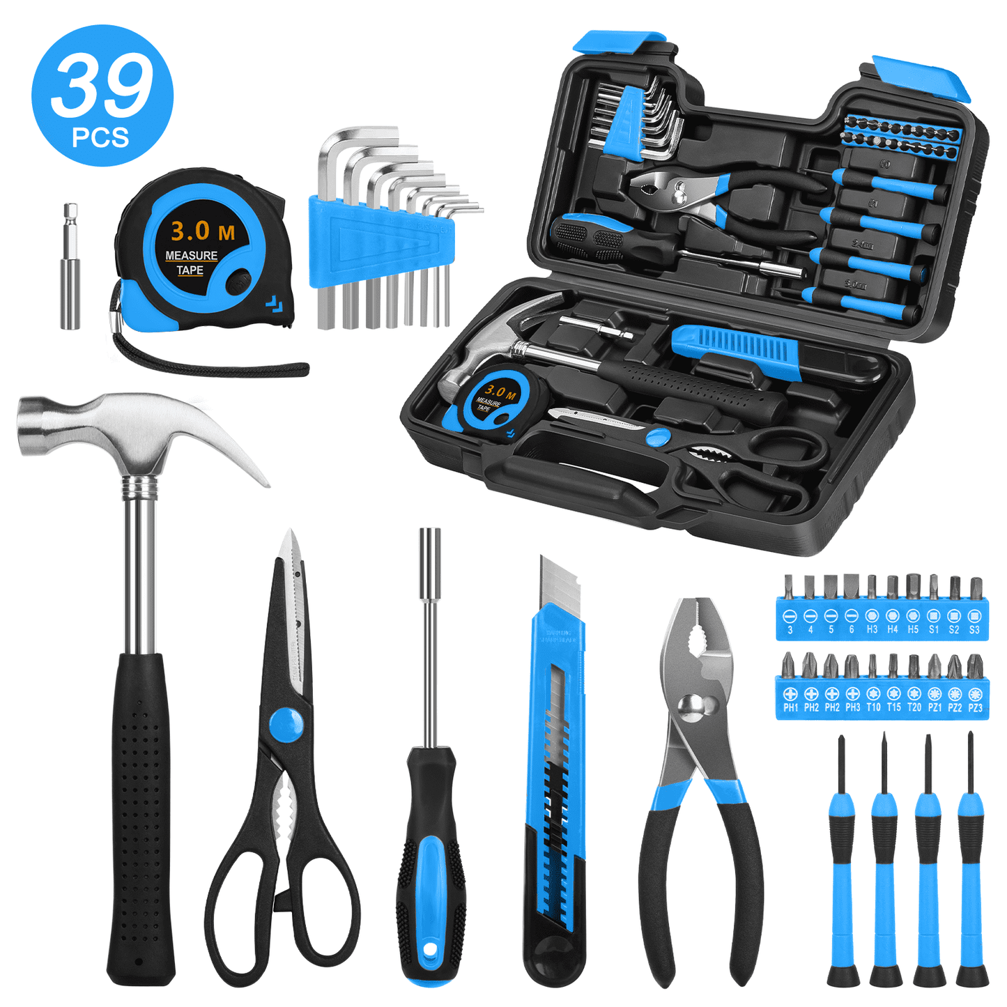 CSD45HHTS0000BL39pcs 39-Piece Tool Set General Household Hand Kit with Plastic Toolbox Storage Case, Small Basic Home Tool Kit for Girls Ladies and Women - Includes All Essential Tools for Home Garage and Office, Blue