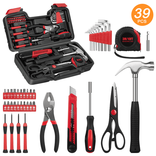 CSD44HHTS0000RE39pcs 39 Piece Tool Sets All Purpose Household Tool Kit, General Basic Home Tool Set Case with Toolbox Great for Girls Ladies and Women, Household Hand Kit for Home Garage Office College Dormitory, Red