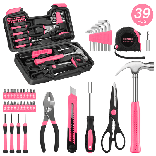 CSD44HHTS0000PK39pcs 39 Piece Tool Sets All Purpose Household Tool Kit, General Basic Home Tool Set Case with Toolbox Great for Girls Ladies and Women, Household Hand Kit for Home Garage Office College Dormitory, Pink