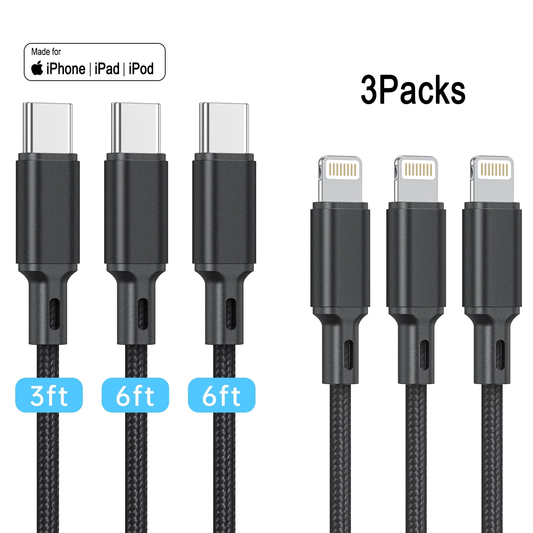 3 Pack 3/6/6 FT [ Apple MFi Certified]USB C to Lightning Cable Nylon Braided Charging Cord, Type C Iphone Chargers Cables Suitable for iPhone 14/13/12 Pro Max/11/X/XS/XR/8 Plus, AirPods Pro,Black