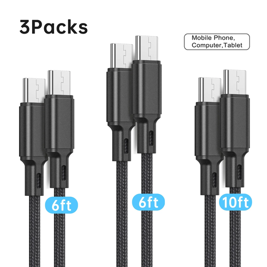 Type C to Type C Charging Cords, 3 Pack [6ft+6ft+10ft] USB C to USB C Charger Cables Compatible for Samsung S23, Note 20 Ultra, MacBook Pro, iPad Pro/ Air, iPhone 15, Black Color 5196327932