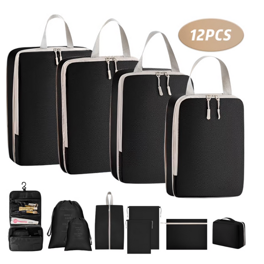 Compression Packing Cubes for Suitcase, 12 PCS Travel Luggage Packing Organizers Waterproof Travel Essentials Bag Clothes Shoes Cosmetics Toiletries Storage Bags for Travel