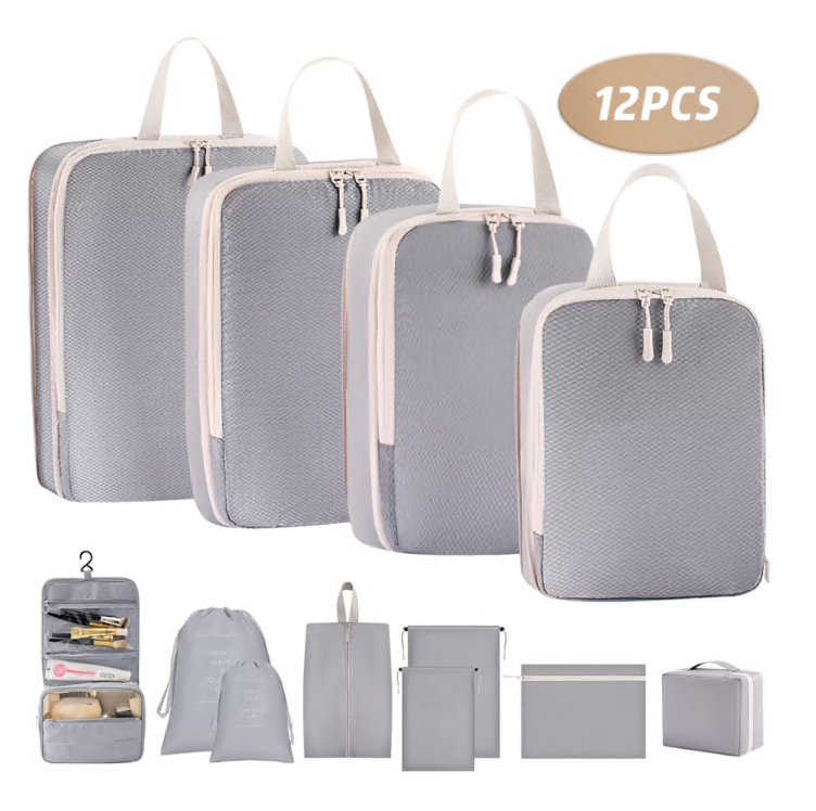 Compression Packing Cubes for Suitcase, 12 PCS Travel Luggage Packing Organizers Waterproof Travel Essentials Bag Clothes Shoes Cosmetics Toiletries Storage Bags for Travel