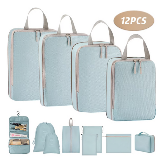 Compression Packing Cubes for Suitcase, 12 PCS Travel Luggage Packing Organizers Waterproof Travel Essentials Bag Clothes Shoes Cosmetics Toiletries Storage Bags for Travel