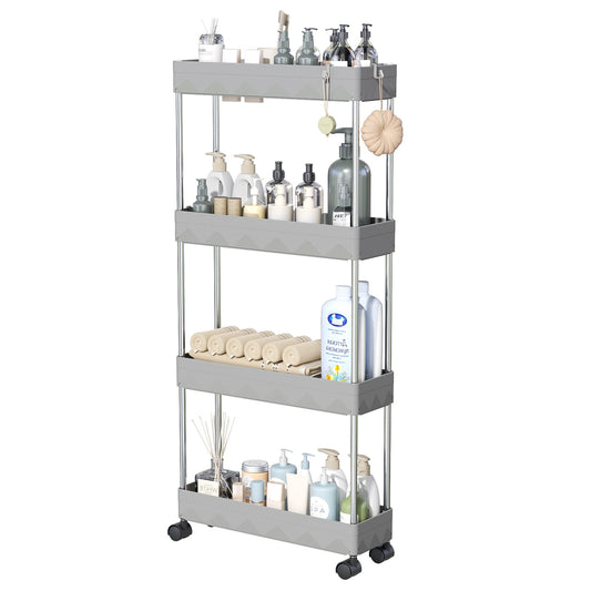 CSD02SRSC0000GY  4 Tier Slim Rolling Storage Cart, Slim Cart Bathroom Storage Organizer Rolling Utility/ Mobile Shelving Unit Slide Out Storage Cart for Office, Bathroom, Kitchen, Laundry Room & Narrow Place