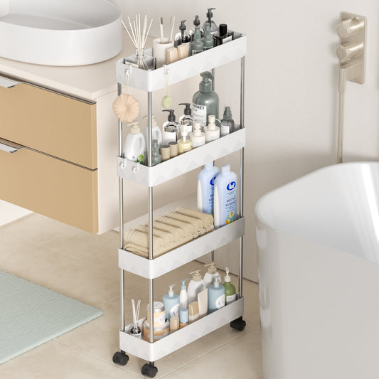 CSD01SRSC0000WH  Slim Storage Cart 4 Tier Slim Cart, Bathroom Rolling Utility Cart Storage Organizer Slide Out Cart, Mobile Shelving Unit Organizer Trolley for Office Bathroom Kitchen Laundry Narrow Places