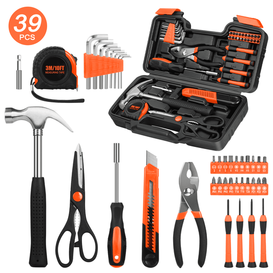 CSD45HHTS0000OG39pcs 39-Piece Tool Set General Household Hand Kit with Plastic Toolbox Storage Case, Small Basic Home Tool Kit for Girls Ladies and Women - Includes All Essential Tools for Home Garage and Office, Orange