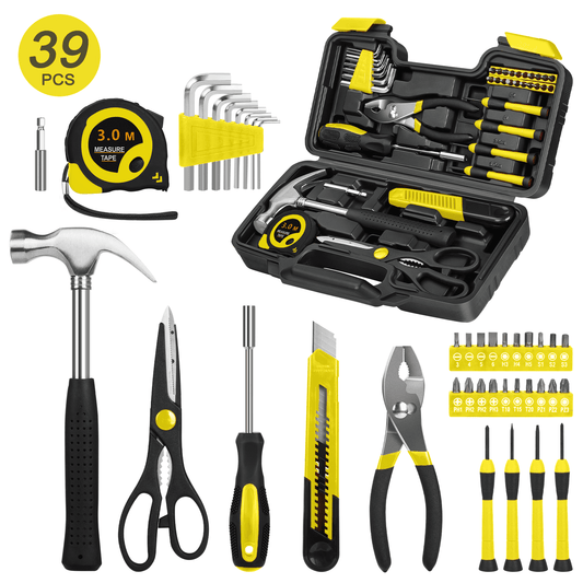 CSD45HHTS0000YE39pcs 39-Piece Tool Set General Household Hand Kit with Plastic Toolbox Storage Case, Small Basic Home Tool Kit for Girls Ladies and Women - Includes All Essential Tools for Home Garage and Office, Yellow