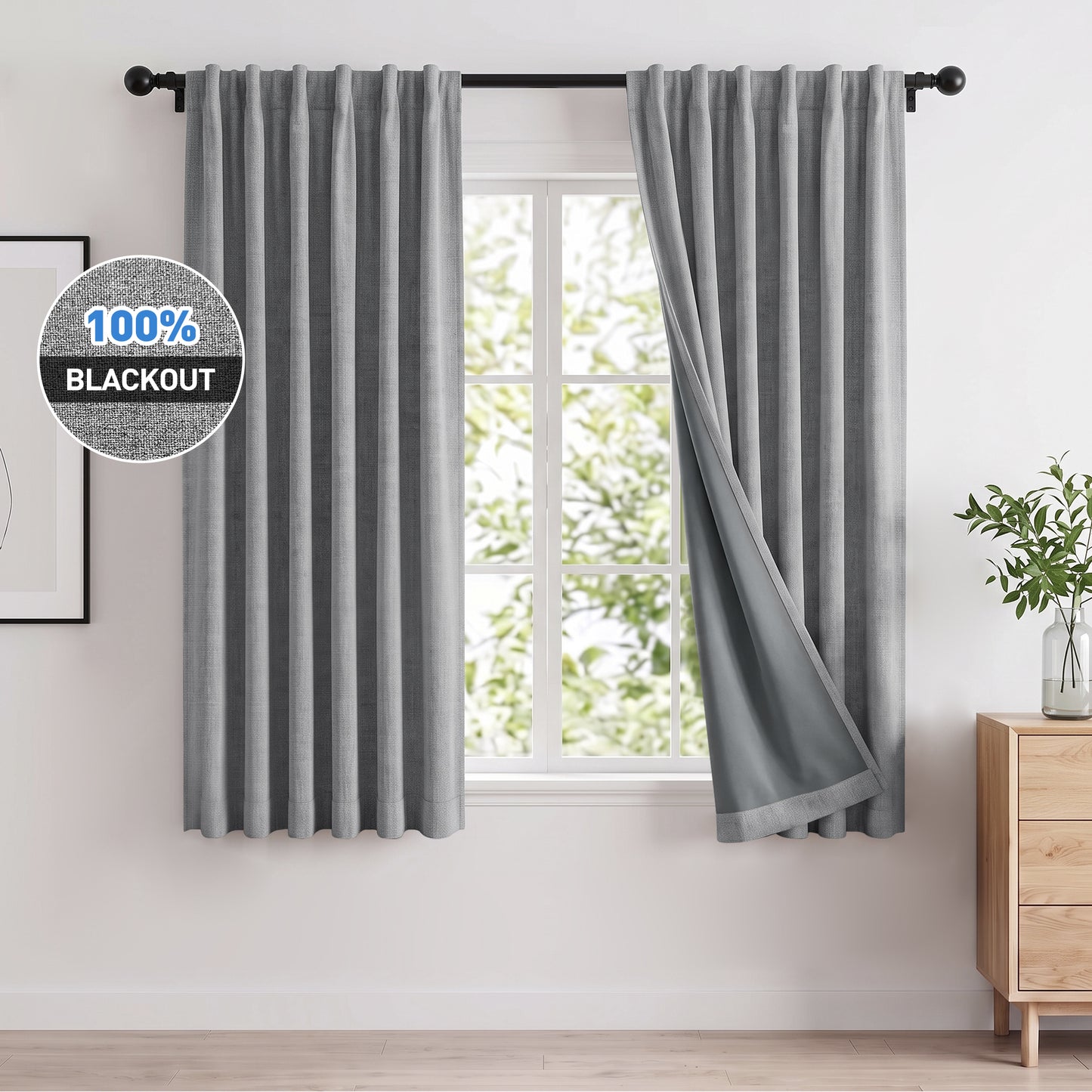 100% Blackout Curtains 2 Panels Set, Faux Linen 42x63 Inch Light Blocking Window Curtains, Rod Pocket & Back Tabs Thermal Insulated Room Darkening Drapes for Living Room Bedroom,Gray