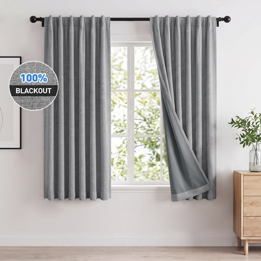 100% Blackout Curtains 2 Panels Set, Faux Linen 42x63 Inch Light Blocking Window Curtains, Rod Pocket & Back Tabs Thermal Insulated Room Darkening Drapes for Living Room Bedroom,Gray
