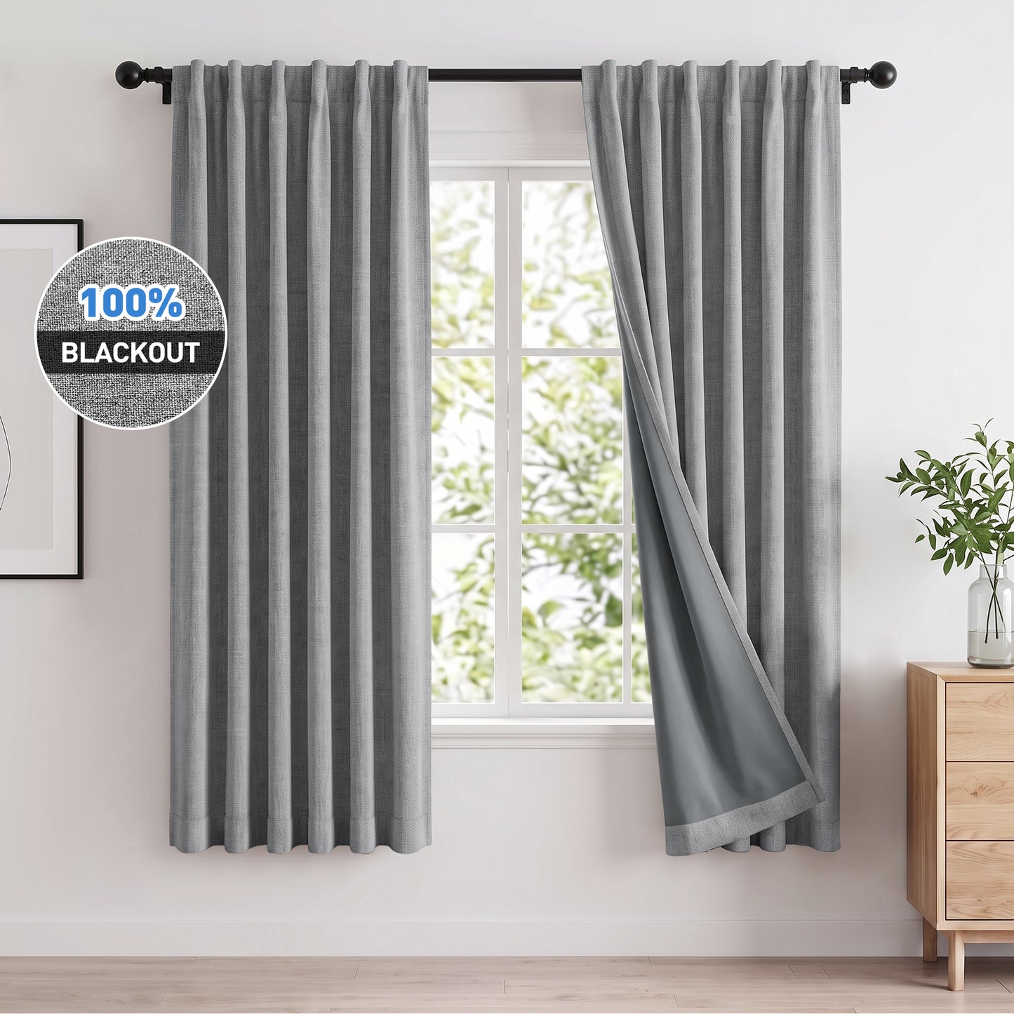 100% Blackout Curtains 2 Panels Set, Faux Linen 42x72 Inch Light Blocking Window Curtains, Rod Pocket & Back Tabs Thermal Insulated Room Darkening Drapes for Living Room Bedroom,Gray