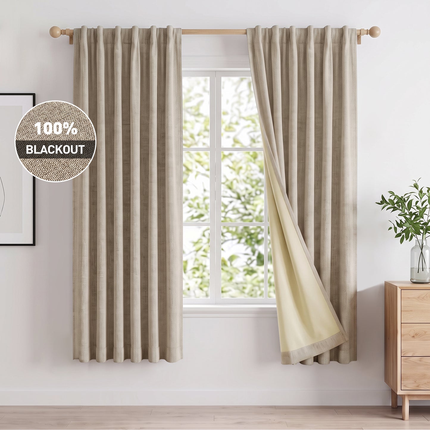 100% Blackout Curtains 2 Panels Set, Faux Linen 42x72 Inch Light Blocking Window Curtains, Rod Pocket & Back Tabs Thermal Insulated Room Darkening Drapes for Living Room Bedroom