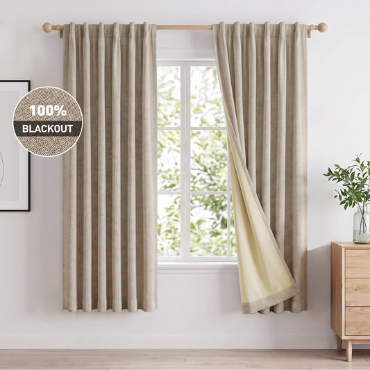 100% Blackout Curtains 2 Panels Set, Faux Linen 42x72 Inch Light Blocking Window Curtains, Rod Pocket & Back Tabs Thermal Insulated Room Darkening Drapes for Living Room Bedroom