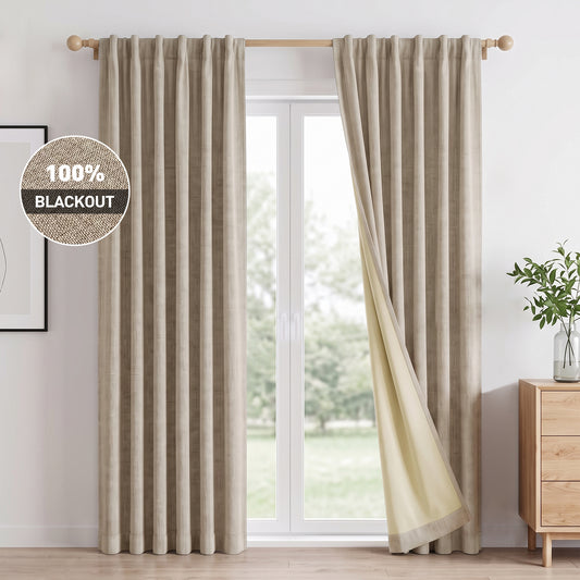 100% Blackout Curtains 2 Panels Set, Faux Linen 42x84 Inch Light Blocking Window Curtains, Rod Pocket & Back Tabs Thermal Insulated Room Darkening Drapes for Living Room Bedroom