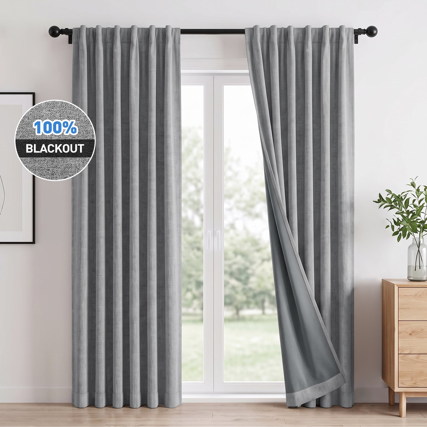 100% Blackout Curtains 2 Panels Set, Faux Linen 42x84 Inch Light Blocking Window Curtains, Rod Pocket & Back Tabs Thermal Insulated Room Darkening Drapes for Living Room Bedroom,Gray