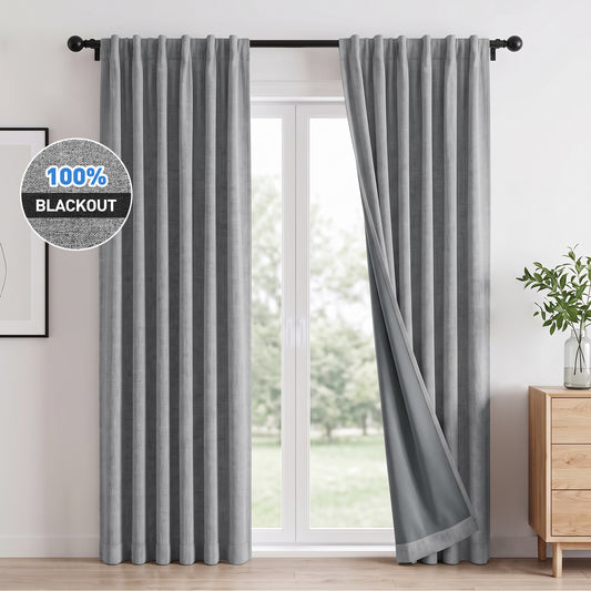 100% Blackout Curtains 2 Panels Set, Faux Linen 42x84 Inch Light Blocking Window Curtains, Rod Pocket & Back Tabs Thermal Insulated Room Darkening Drapes for Living Room Bedroom,Gray