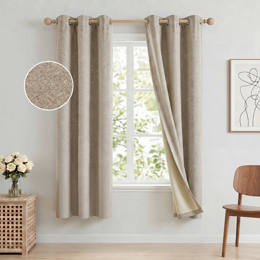 100% Blackout Curtains 42x72 in Set of 2, Faux Linen Textured Curtains for Bedroom Living Room, Thermal Insulated Window Drapes with Grommet, Room Darkening & Privacy Protection,Natural Beige