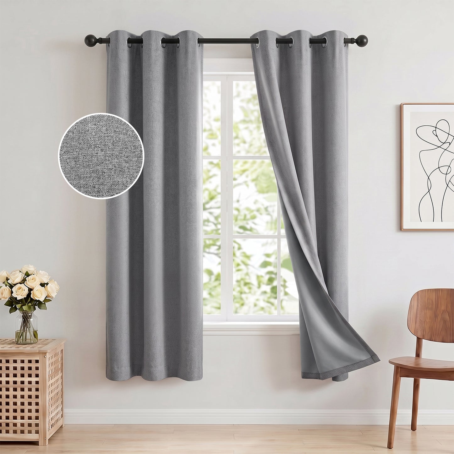 100% Blackout Curtains 42x72 in Set of 2, Faux Linen Textured Curtains for Bedroom Living Room, Thermal Insulated Window Drapes with Grommet, Room Darkening & Privacy Protection,Grey（副本）
